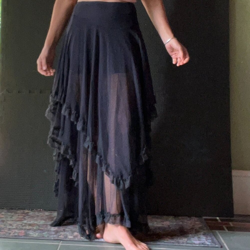 Free People, Maxi Skirt, XS, Black, ethereal, translucent with miniskirt lining.